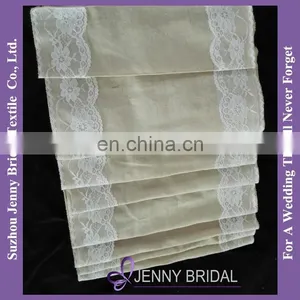 TR004B2 Fancy Ivory Lace Trim Embroidery Cotton Burlap Table Runner thumbnail-1