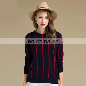 Winter Casual Navy Blue Vertical Stripe Patterned Cashmere Sweater for Women thumbnail-1