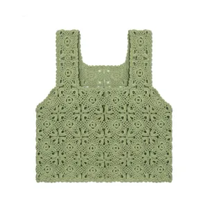 Wholesale Custom Logo Design Oem & Odm Ladies Summer Cute Sleeveless Square Neck Crop Women Wool Vests Crochet Sweater thumbnail-1