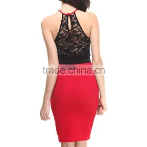Party Club Ladies Career Dress Sexy Nude Mesh Lace Pattern Red Black Patchwork Asian Suits thumbnail-2