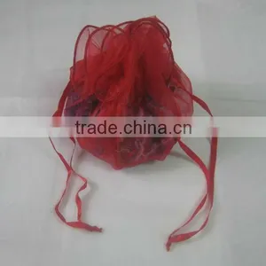 HOT SALE! Red Round Organza Ribbon Gift Bag, Organza Wine Bottle Wrapping Bag, Organza Wedding Bag thumbnail-1