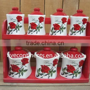 7 Pcs Ceramic Spices Canister Set in Wooden Stand for Kitchenware thumbnail-1