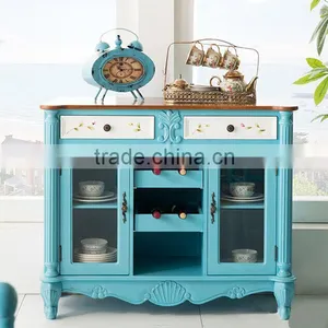 Mediterranean Style Solid Wood Hand Painting Dining Room Blue Two Doors Sideboard; Side Cabinet thumbnail-1