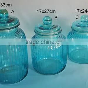 Blue Cylinder Glass Storage Jar With Design With Glass Lid thumbnail-1