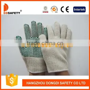 4 Threads Natural Cotton Polyester Gloves String Knit Gloves With Dark Green PVC Dots One Side thumbnail-1