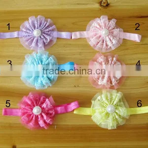 Lace Flower Headband With Pearl Rhinestone in Center for Kids Hair Accessories thumbnail-1