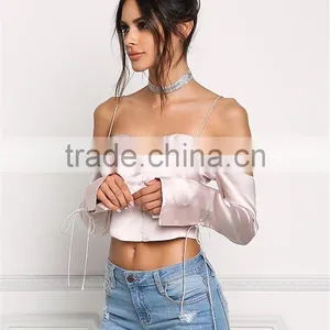 MGOO Custom Manufacturer Polyester Cropped Blouses Blush Silky Cold Shoulder Long Sleeves Satin Crop Tops thumbnail-6