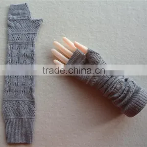 2016 New Design Knitted Elbow Length Winter Gray Grey Fingerless 100% Cashmere Gloves Wholesale Knitting Pattern thumbnail-3