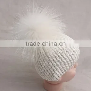Myfur Kids Hat Pure White Genuine Fur Pom Pom Crochet Winter Knitting Hat thumbnail-4