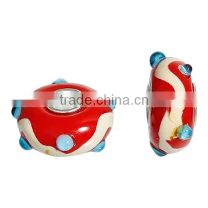 Wholesale Custom Round Silver Tone Core Red Stripe Pattern European Style Large Hole Lampwork Glass Beads thumbnail-3