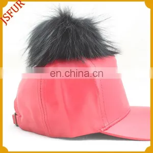 Six Colour Raccoon Fur Pompom Red Leather Dyed Fur Hat thumbnail-1