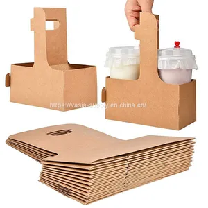 2 Cup Disposable Drink Carrier With Handle, Kraft Paperboard Cup Holder for Hot or Cold Drinks, to Go Coffee Cup Holder for Food Delivery Service thumbnail-1