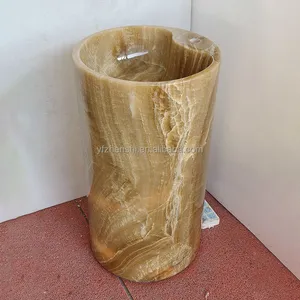 Natural Yellow Onyx Marble Round Shape Pedestal Sink Factory Direct Custom Size for Hotel Villa Bathroom High-End Decor thumbnail-4