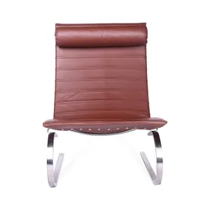 PK20 Chair Poul Kjaerholm 1967 Replica, Minimalist Leather Lounge Chair With Polished Stainless Steel Base thumbnail-2