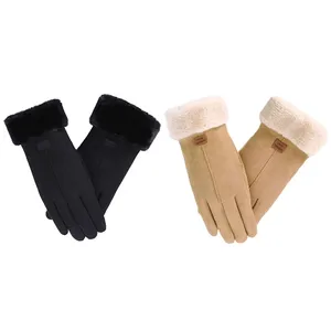 Women Winter Gloves Suede Sherpa Lined Furry Cuff Snug Fit Windproof Urban Commute Winter Gloves thumbnail-4