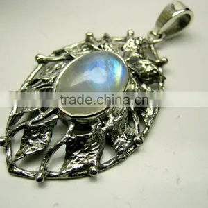 Rainbow Moonstone Oval Cabochon Oxidised Gemstone Pendant, 925 Solid Sterling Silver Pendants, Designer Casting Bezel Pendant thumbnail-1