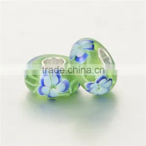 Handmade Fresh Green Color Blue Flower Murano Glass Beads Silver Charms Fit Bracelet thumbnail-3