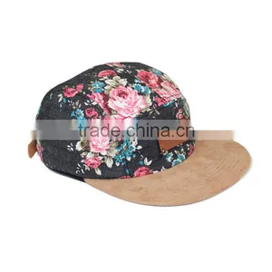 Floral 5 Panel Suede Brim Leather Snapback ,Custom All Over Print 5 Panel Hats,Custom Floral 5 Panel Snapback Hat Wholesale thumbnail-1