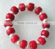 Wholesale 7" Pearls & 8-13mm China Red Drum Shaped Natural Coral Bracelet thumbnail-1