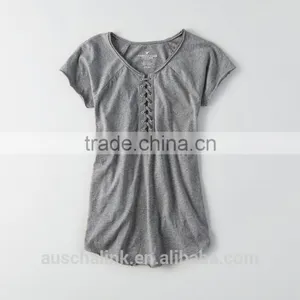 Tagless Comfort Lace up Raglan Scoop Bottom Women t Shirt With Distressed thumbnail-3