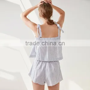Two Piece Tie Shoulder Casual Women Linen Tank Top and Shorts Clothing Set thumbnail-2