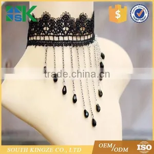 Modern Lace Black Crystal Water Drop Tassel Necklace Chain Small Court Dress Necklace Lace up Choker thumbnail-2