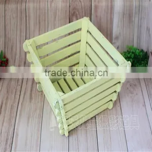 Vintage Yellow Wooden Slat Bed Photography Props Newborn Wood Bowl Basket thumbnail-3