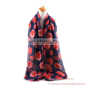 2016 New Long Poppy Flower Printed Woman Voile Scarf Wholesale thumbnail-1