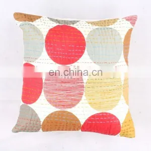Indian Cotton Handmade White Polka Dot Kantha Cushion Cover Kantha Throw Pillow Cover Hand Quilted Decorative Cushion Cover Art thumbnail-1