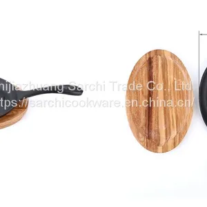 Cast Iron Frying Pan Sizzling Plate With Wooden Tray thumbnail-1