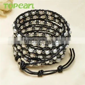 Topearl Jewelry 2016 Popular Freshwater Pearl Hematite Bracelet Woven Leather Wrap Bracelets for Women 33.5 Inches CLL132 thumbnail-2