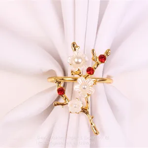 Shiny Gold Plated Napkin Ring Holder With Pearl Flower thumbnail-2