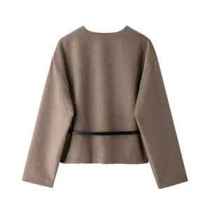 New Style Women's Retro Loose Casual Long-sleeved Coat With Belt and Soft Fabric. thumbnail-1