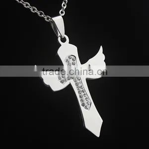 Diamond Cross Pendant Necklace Angel Wings Cross Charms Wholesale thumbnail-1