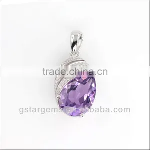 925 Sterling Silver Natural Gemstone Amethyst Rhodium Plated Jewelry CZ Pendant thumbnail-1