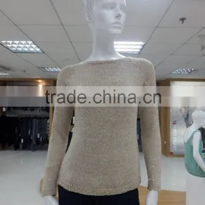 Ladies Crew Neck Long Sleeve Sequin Yarn Plaited Lurex Knitted Sweater Pullover and Double Layer at Back thumbnail-1