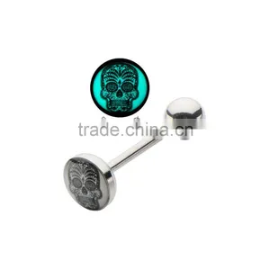 Glow In the Dark Sugar Skull Logo Tongue Barbell. thumbnail-1