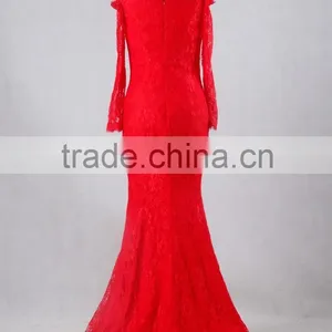 J--0095 Red Big Ass Picture of Evening Dress Sexy French Lace Long Sleeve off Shulder Mermaild Wedding Dress thumbnail-5