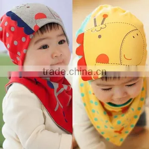 New Lovely Infants Triangle Scarf Bibs + 3D Giraffe Print Cotton Beanie Hats Caps thumbnail-3