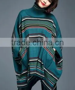 2016 New Fashion Korean Style Mid Long High Collar Women Stripe Batwing-sleeved Pullover Sweater thumbnail-4