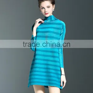 Spring Models Lady Casual Clothing Stripped Turtleneck Crinkled Dress thumbnail-3
