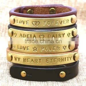 Metal Logo Tag Leather Bracelet Bangle Custom Letter Stamped Charm Leather Bangle Bracelet Promotion Leather Bracelet thumbnail-2