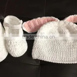 Cute Infant Newborn Baby Girl Boy Hand Knitted Crochet Bunny Ears Hat Shoes Costume Set Baby Photograph Props thumbnail-1