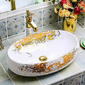 High Quality Golden Lavabo Art Counter Washing Bathroom Sink thumbnail-1