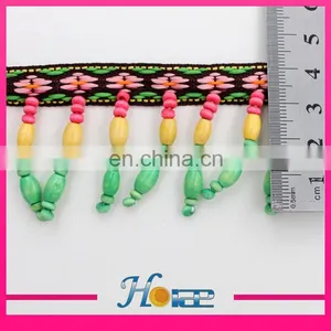 Latest Wooden Bead Lace Trim Wooden Beaded Tassel Fringe Trim thumbnail-2