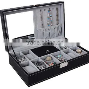 Black Leather Jewelry Box Watch Organizer Storage Case With Lock & Mirror thumbnail-3
