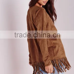 2015 Women Winter Long Sleeve Faux Suede Jacket With Fringe Hem thumbnail-3
