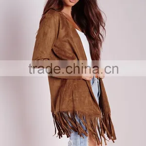 2015 Women Winter Long Sleeve Faux Suede Jacket With Fringe Hem thumbnail-5