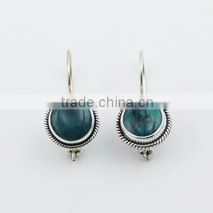 Vintage Sterling Silver Turquoise Earrings Round Gemstone Drops thumbnail-1