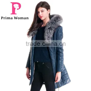 2015 Women Winter Leather Medium Length Slim Fit Coat With Brown Fox Hat Overcoat thumbnail-1